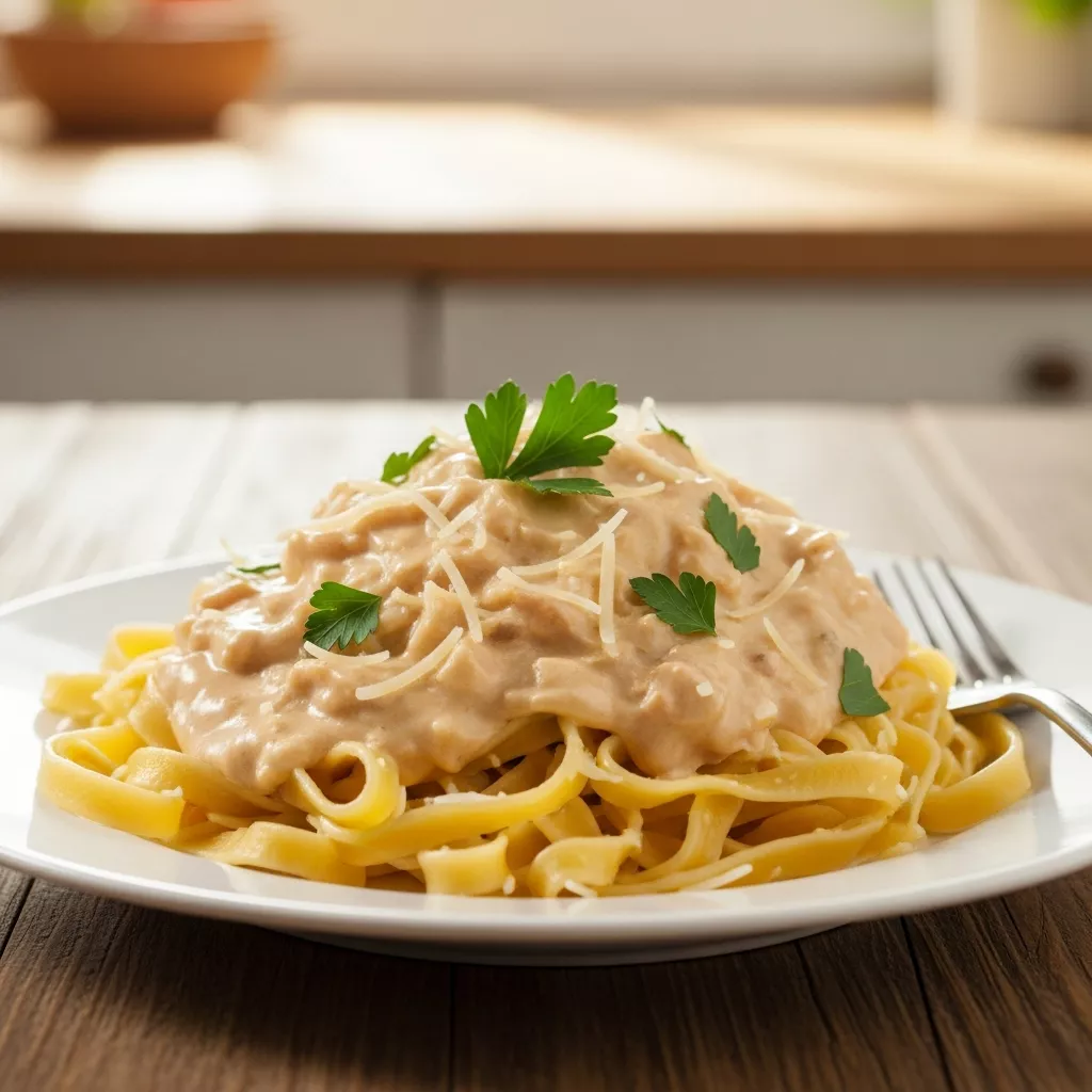 Delicious homemade cajun alfredo sauce with fettuccine pasta and fresh parsley