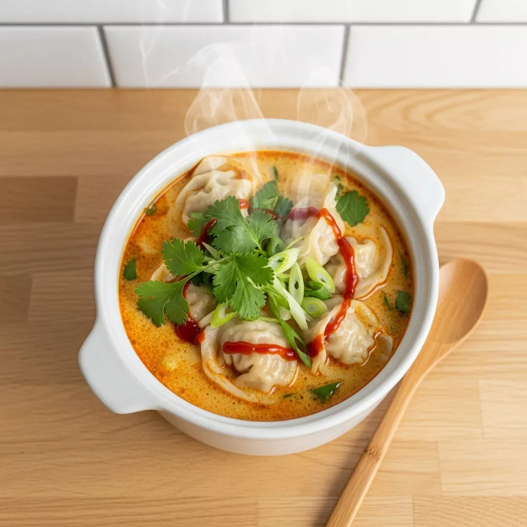 Close-up of delicious Thai coconut curry dumpling soup in a bowl
