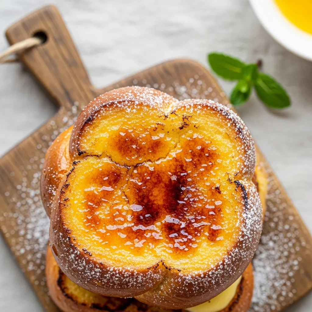 Close-up of delicious creme brulee french toast with caramelized sugar crust