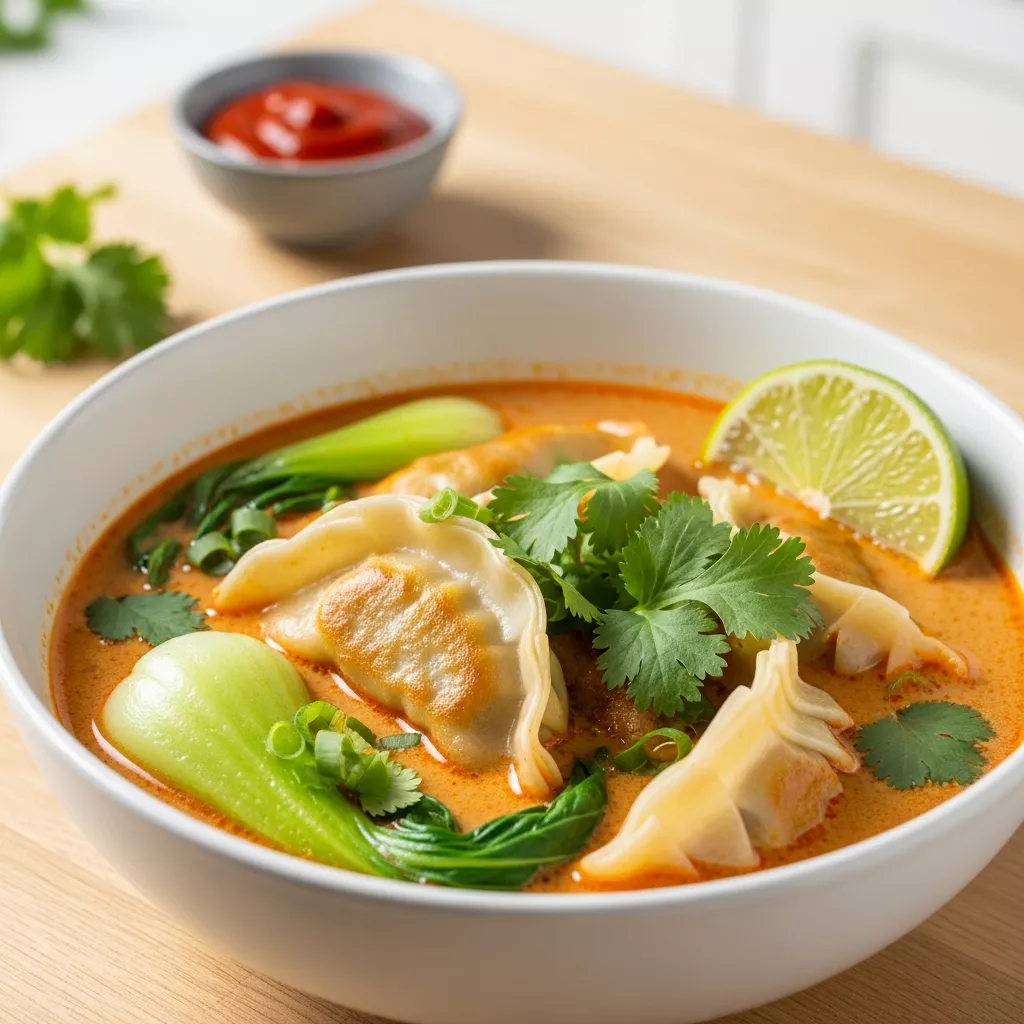 Delicious bowl of red curry pot sticker soup with cilantro and lime