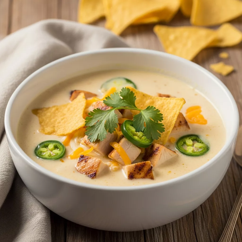 Close-up of creamy jalapeno popper soup with grilled chicken, cilantro, and tortilla chips