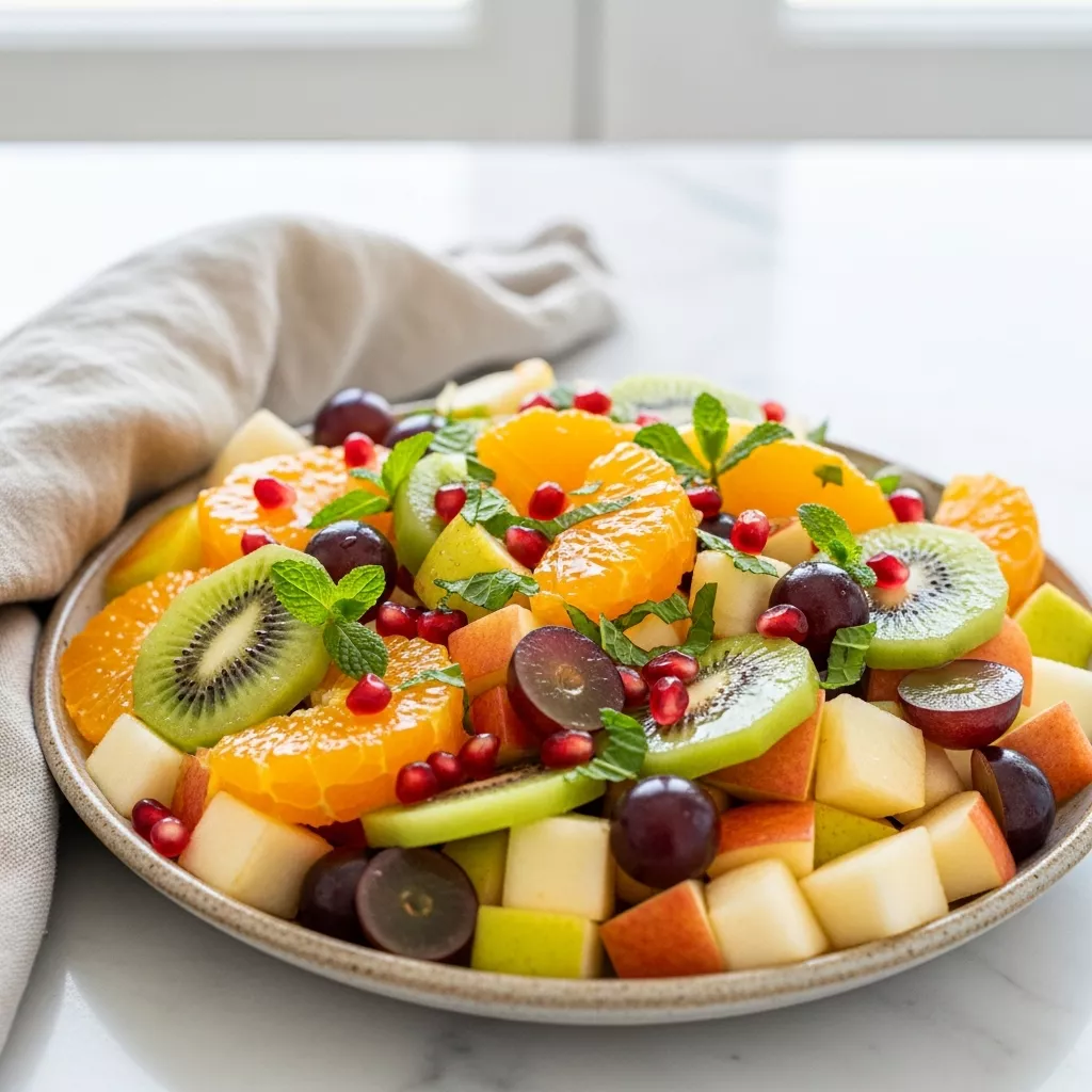 Close-up of a colorful and refreshing winter fruit salad with honey-lime dressing, featuring oranges, clementines, pomegranate, kiwi, grapes, apple, pear and mint. Perfect for a healthy and delicious dessert. This is a winter fruit salad