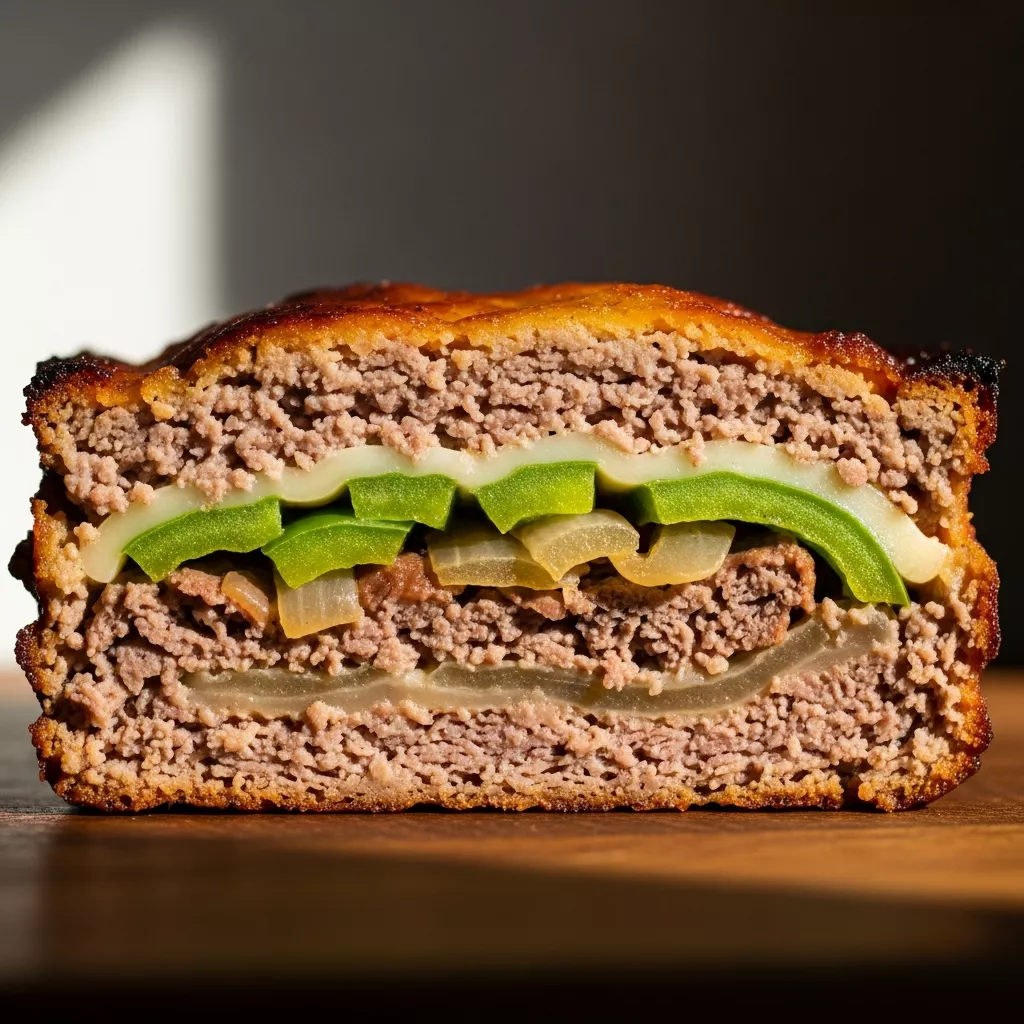 Philly Cheesesteak Meatloaf with melted provolone and caramelized edges