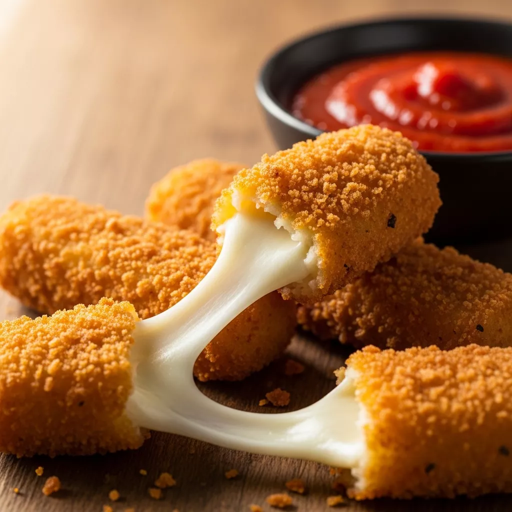Crispy homemade mozzarella sticks with marinara sauce