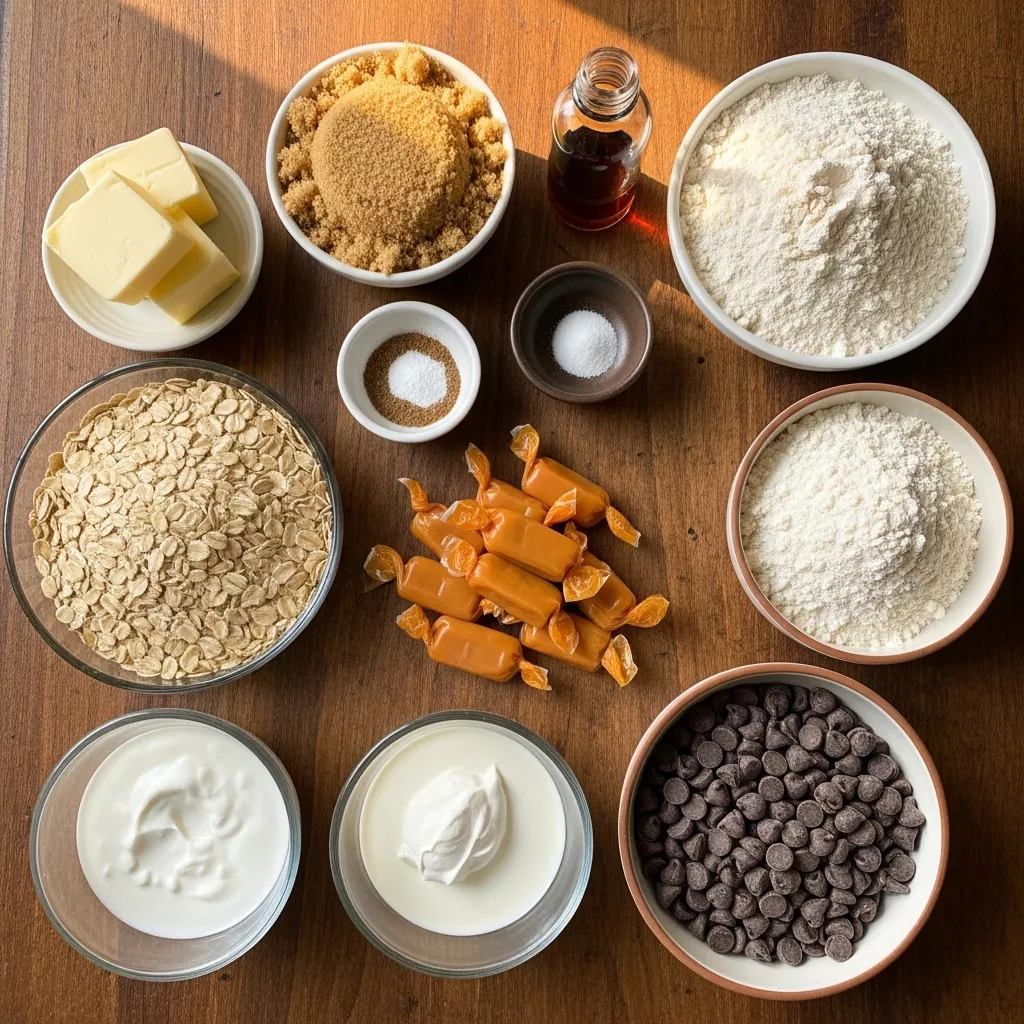 Ingredients for Ooey-Gooey Caramelitas Magic Cookie Bars