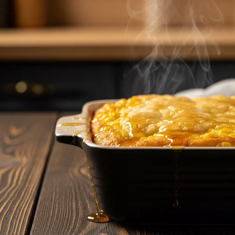 Side view close-up of honey glazed corn casserole showing moist texture and golden crust