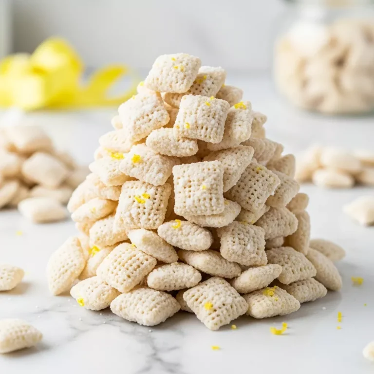 Side view of a pile of finished lemonade puppy chow showing the powdery coating