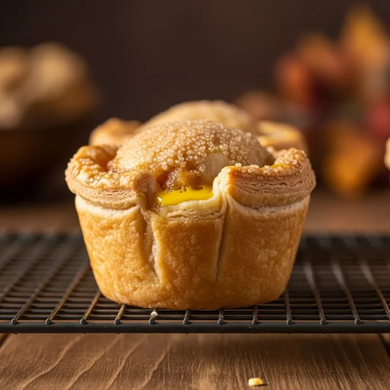 mini apple pies Side view of a baked mini apple pie showing the height and flaky layers