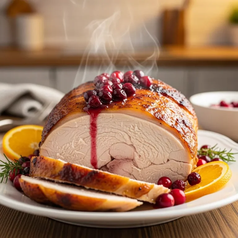 cranberry orange turkey breast Side view of juicy roasted turkey breast slices topped with sticky cranberry glaze