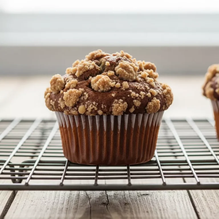 coffee cake banana muffins Side view of a fluffy coffee cake banana muffin showing the streusel height