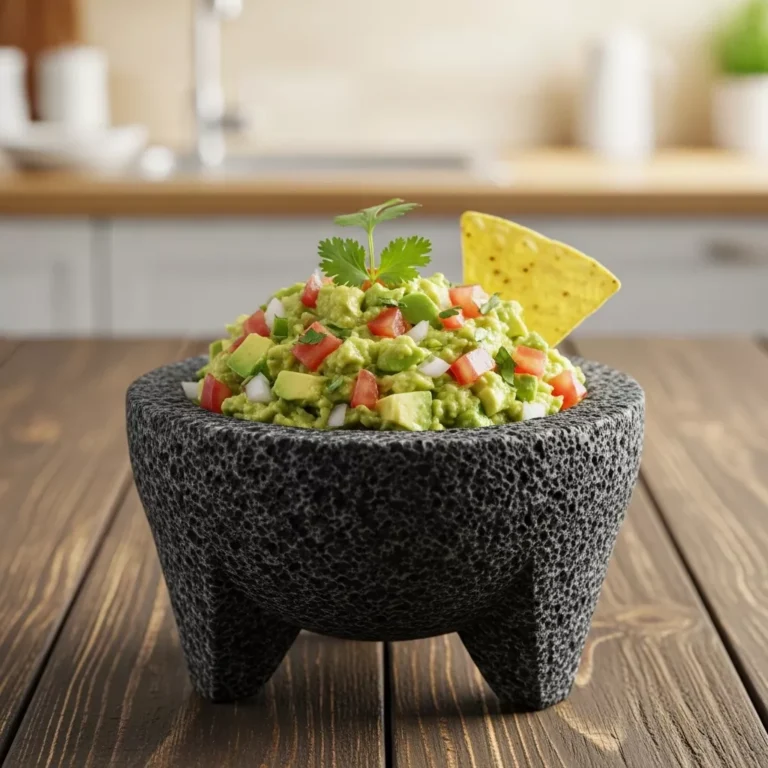 classic guacamole recipe Side view of chunky guacamole bowl ready for dipping