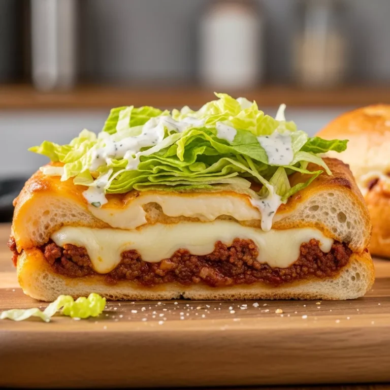 baked italian sub Side view of a toasted Italian sub sandwich with melted cheese and lettuce dripping with dressing