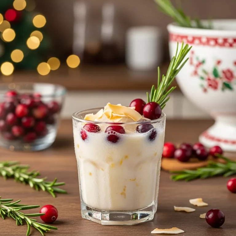 Festive White Christmas Punch garnished with cranberries and rosemary