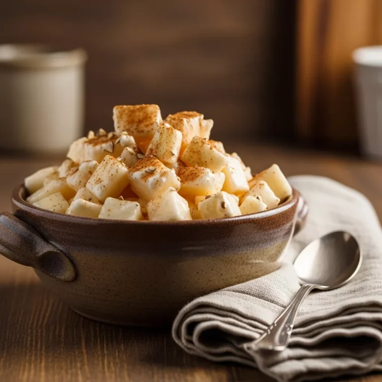Winter Fruit Salad with Cinnamon Vanilla Dressing in a Rustic Bowl