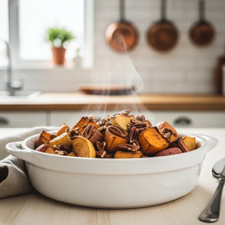 Side view of roasted apple cinnamon sweet potatoes