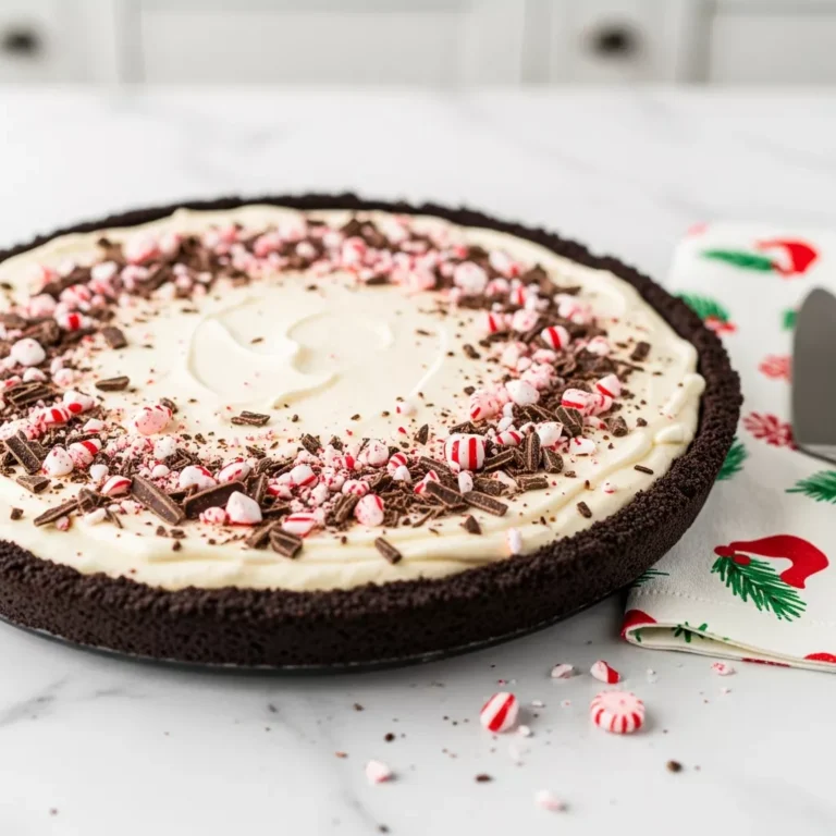 Whole Christmas Peppermint Pie with peppermint and chocolate garnish