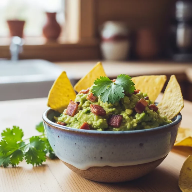 turkey turkey turkey bacon guacamole recipe Close-up shot of turkey turkey turkey bacon guacamole with tortilla chips