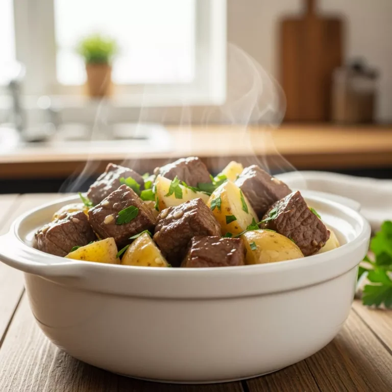 Slow Cooker Garlic Butter Beef Bites with Potatoes Recipe Card Image