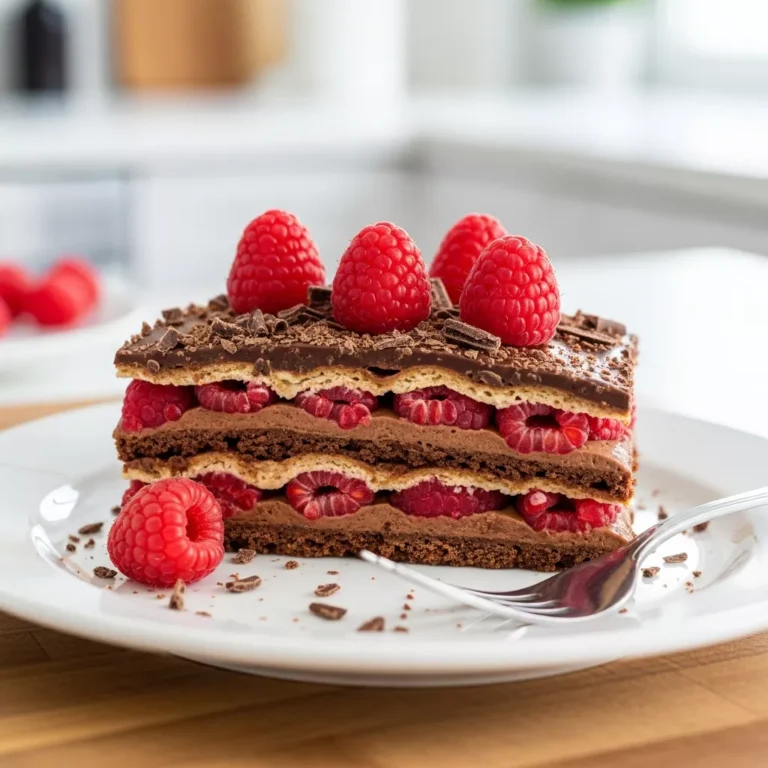 Slice of raspberry chocolate lasagna on a white plate