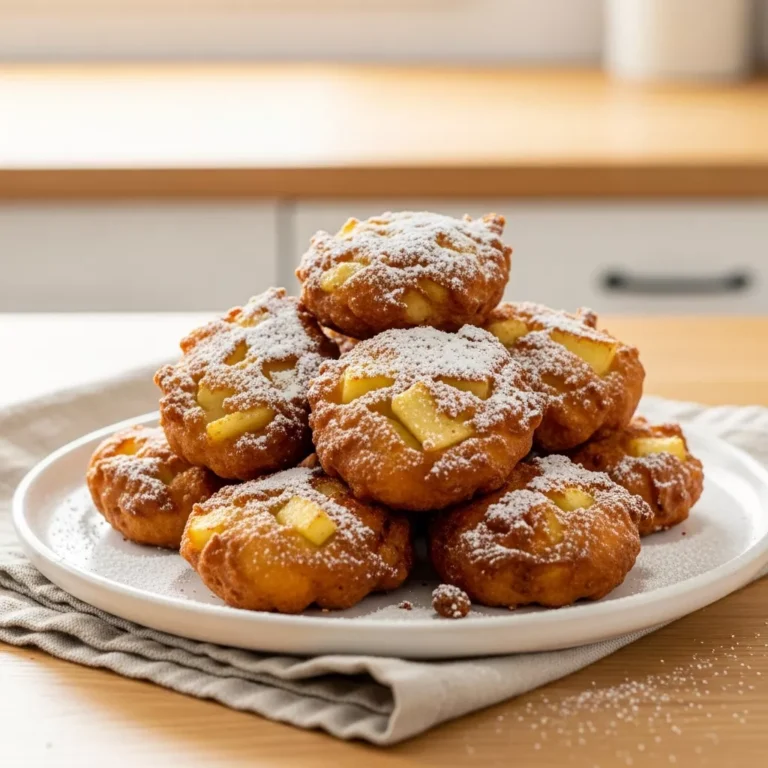 Side view of homemade air fryer apple fritters dusted with powdered sugar