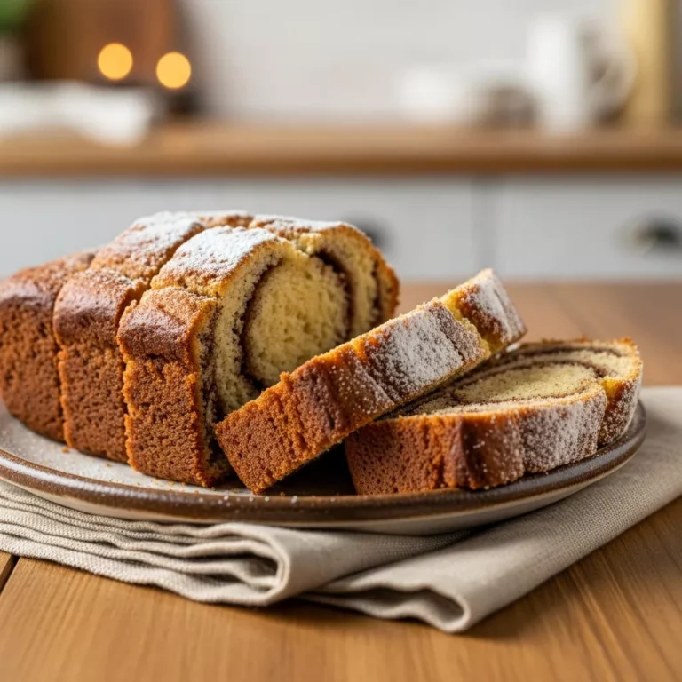 Sliced cinnamon swirl banana bread on a plate