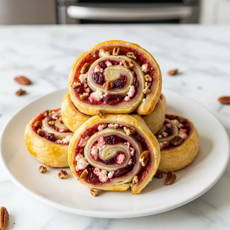 Golden cranberry feta pinwheels on a white plate