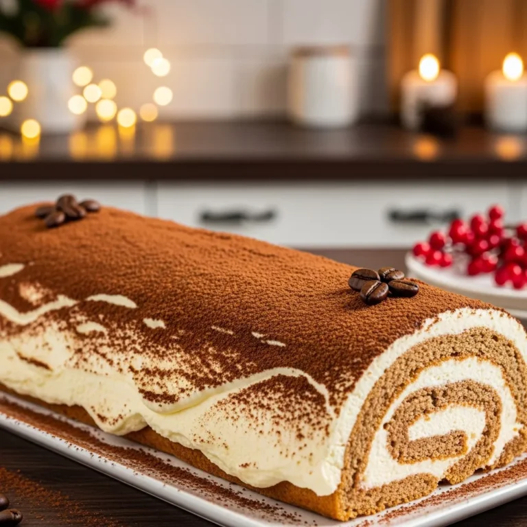 Festive Tiramisu Yule Log Cake dusted with cocoa powder and garnished with coffee beans