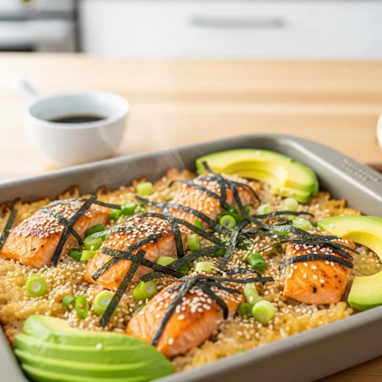 Delicious spicy salmon sushi bake ready to eat