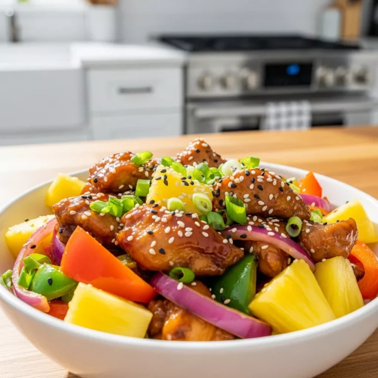 teriyaki chicken pineapple Close-up shot of a teriyaki chicken and pineapple bowl