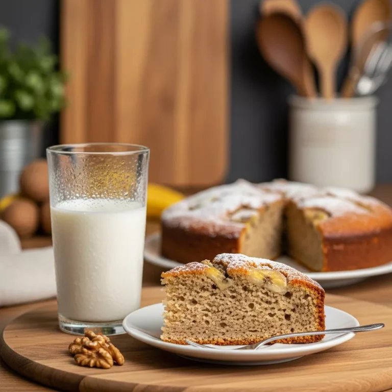 banana cake recipe Slice of classic banana cake with a glass of milk