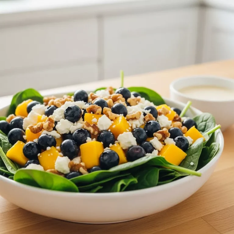 Close-up of mango spinach salad