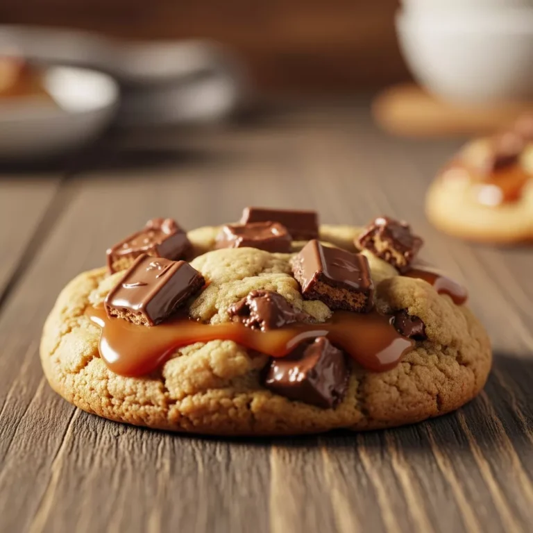 chewy twix cookies Single chewy Twix cookie on a wooden table