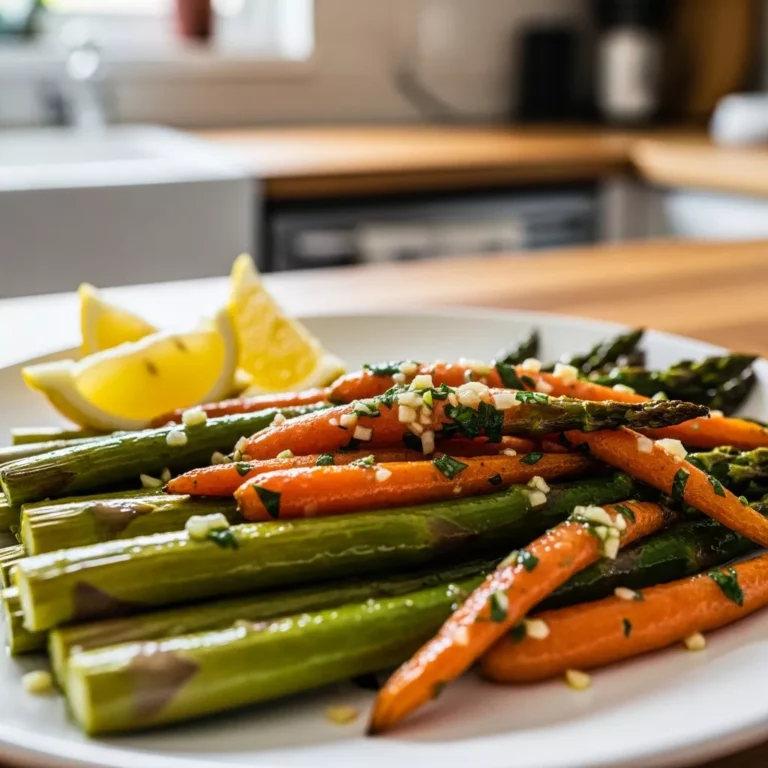 roasted asparagus carrots Roasted asparagus and carrots with garlic herb butter on a white plate