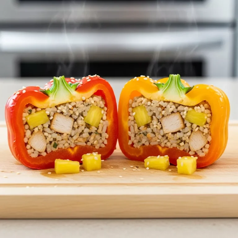 chicken rice stuffed peppers Close-up of delicious Teriyaki Pineapple Chicken & Rice Stuffed Peppers