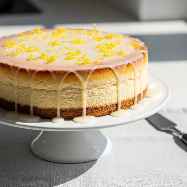 Tangy lemon cheesecake cake on a cake stand