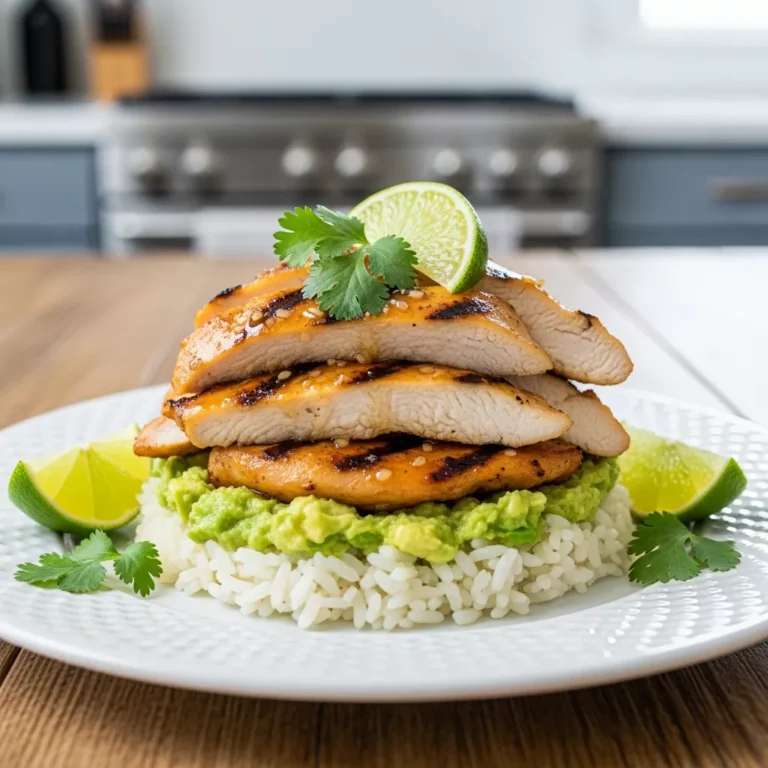Honey lime chicken with avocado rice on a white plate