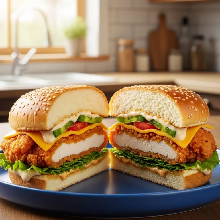 Spicy sweet fried chicken sandwich on a blue plate, ready to be enjoyed