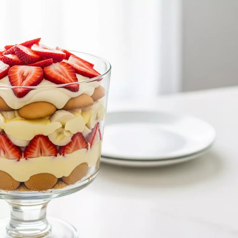 Close-up of layered strawberry banana pudding dessert