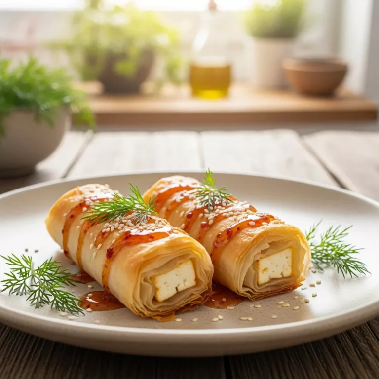 Oven fried feta rolls with chili honey close up