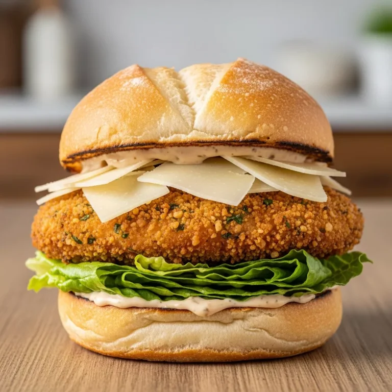 Side view of a stacked chicken caesar sandwich showing juicy layers