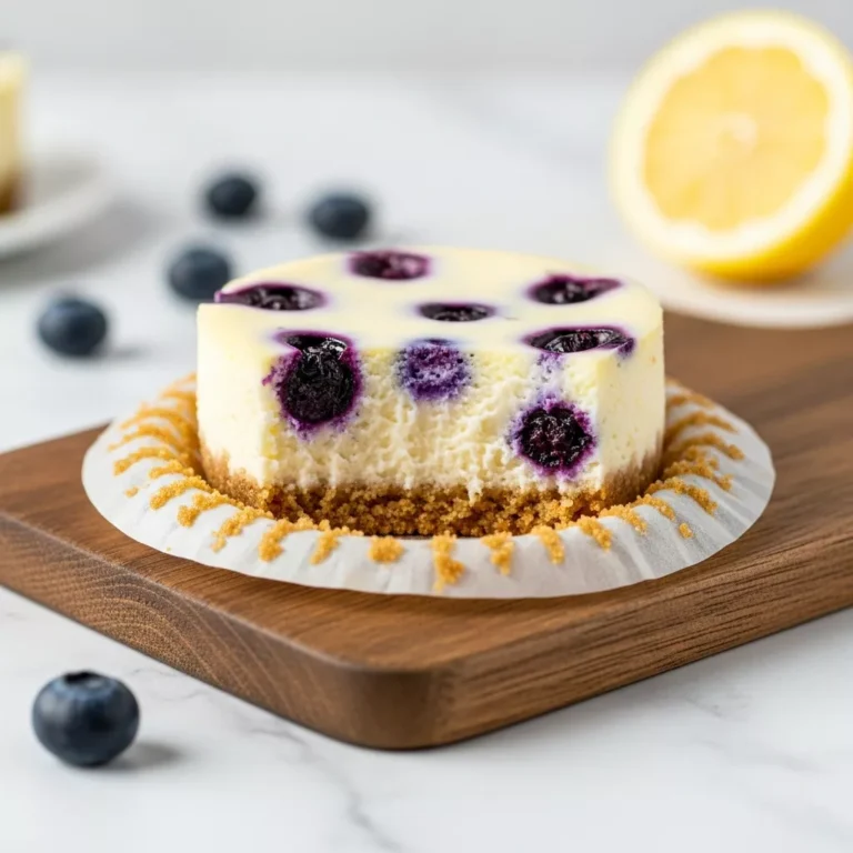 mini lemon blueberry cheesecakes Side view of a mini lemon blueberry cheesecake showing the crust and creamy filling texture