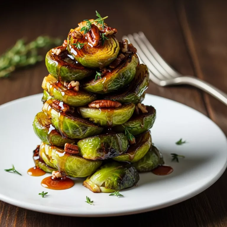 Side view of roasted honey balsamic brussels sprouts stacked on a plate