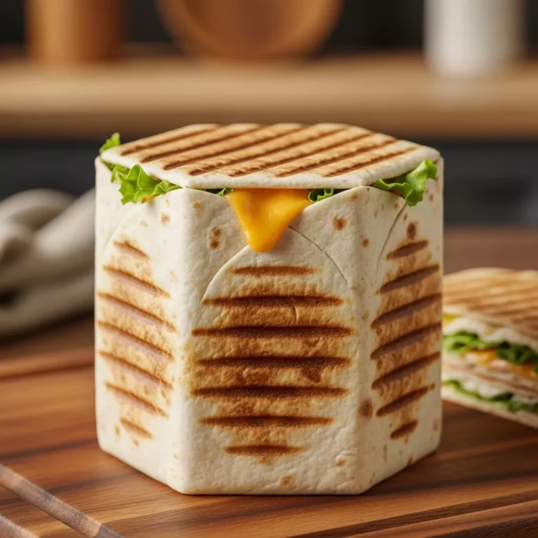 Side view of a toasted golden brown chicken crunch wrap on a wooden board