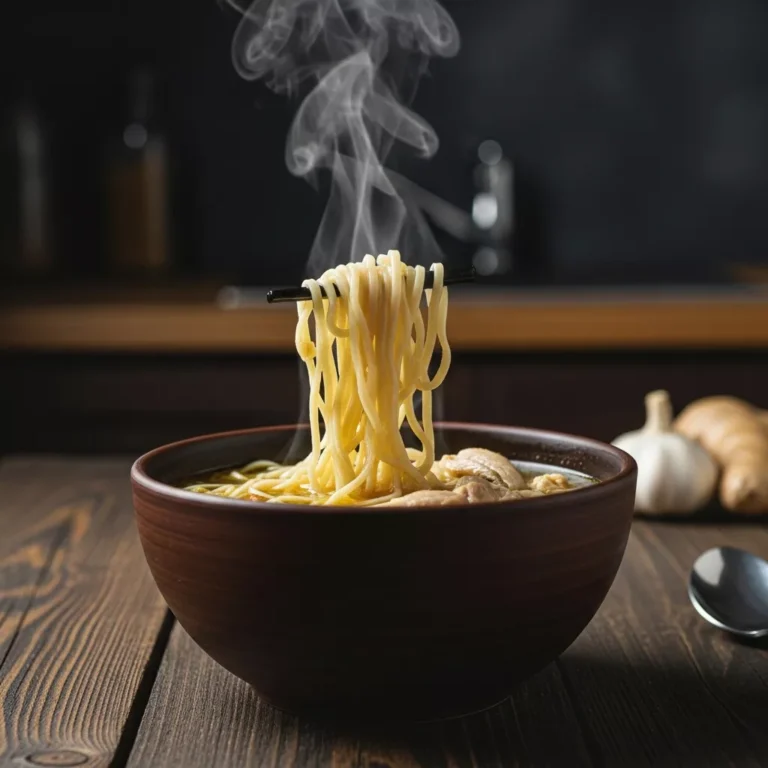 Side view of a ceramic bowl filled with ginger garlic chicken noodle soup
