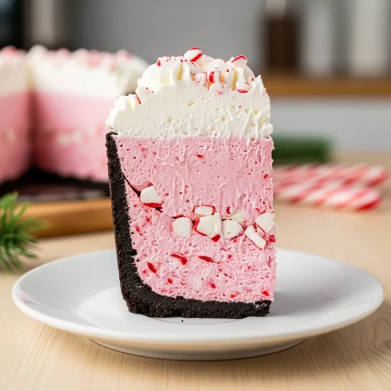 no bake peppermint pie A side view close-up of a No-Bake Christmas Peppermint Pie slice, showing its distinct chocolate crust, pink peppermint filling, and whipped cream topping with crushed candy canes