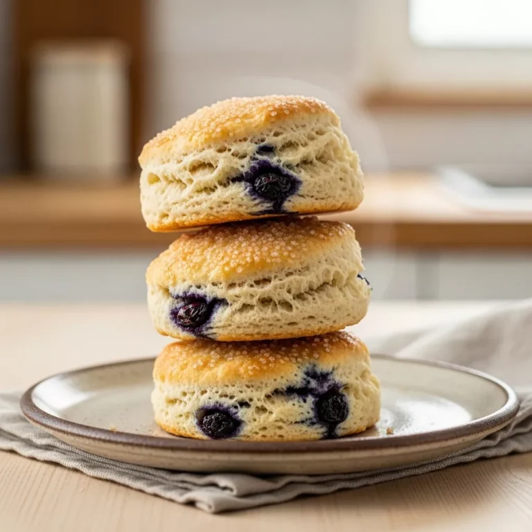 easy blueberry biscuits A stack of golden-brown fluffy buttermilk blueberry biscuits on a rustic plate, viewed from a side angle, showing their flaky texture and glistening sugar tops