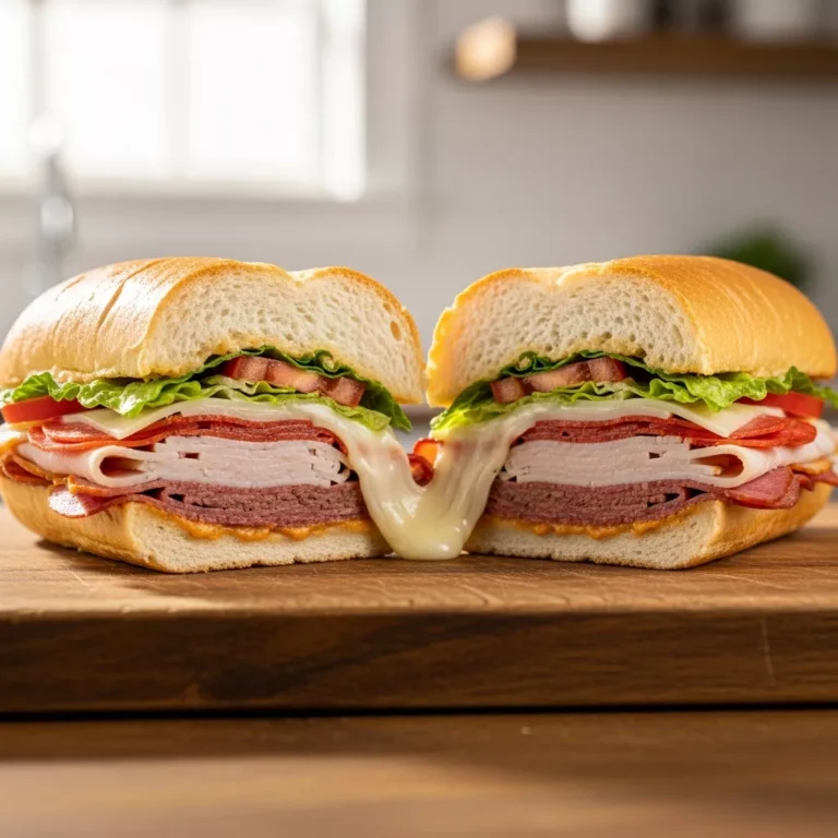 baked italian sub sandwiches A side view macro close-up of a freshly baked Italian sub sandwich, sliced in half, revealing its gooey, cheesy interior and layered meats