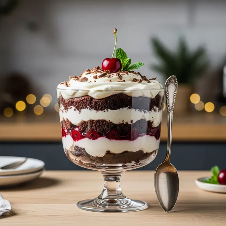 black forest trifle christmas A side close-up view of a serving of Festive Black Forest Trifle, highlighting its beautiful layers of cake, cherries, and whipped cream, garnished with chocolate and a cherry