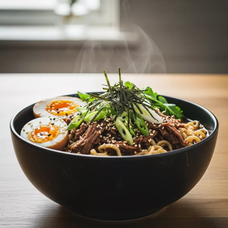 A close-up, side-angle view of a comforting bowl of slow cooker beef ramen, showcasing the layers of noodles, tender beef, broth, and garnishes like soft-boiled eggs and green onions