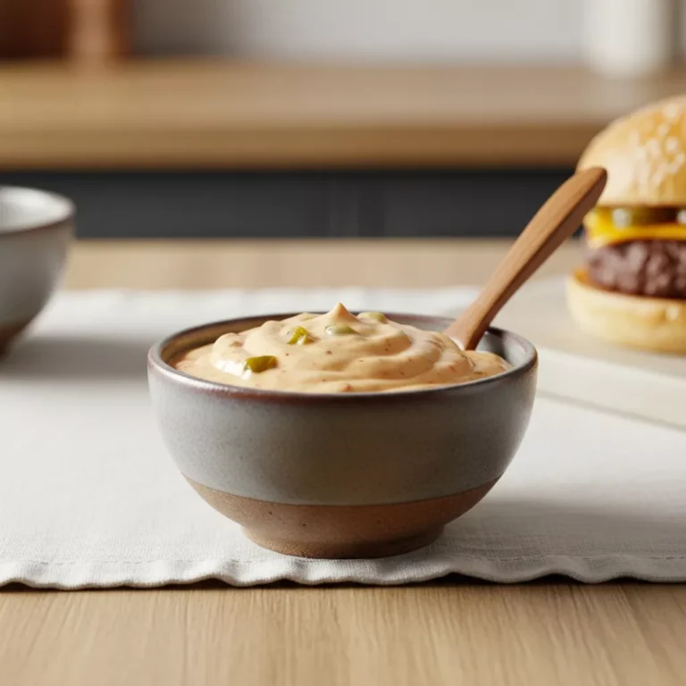 smash burger sauce recipe Delicious creamy and tangy smash burger sauce in a rustic bowl, viewed from the side